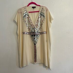 Hale Bob Size S 60’s Embroidery Mirrors Silk Sheer Kimono Chinch Waist Hippie